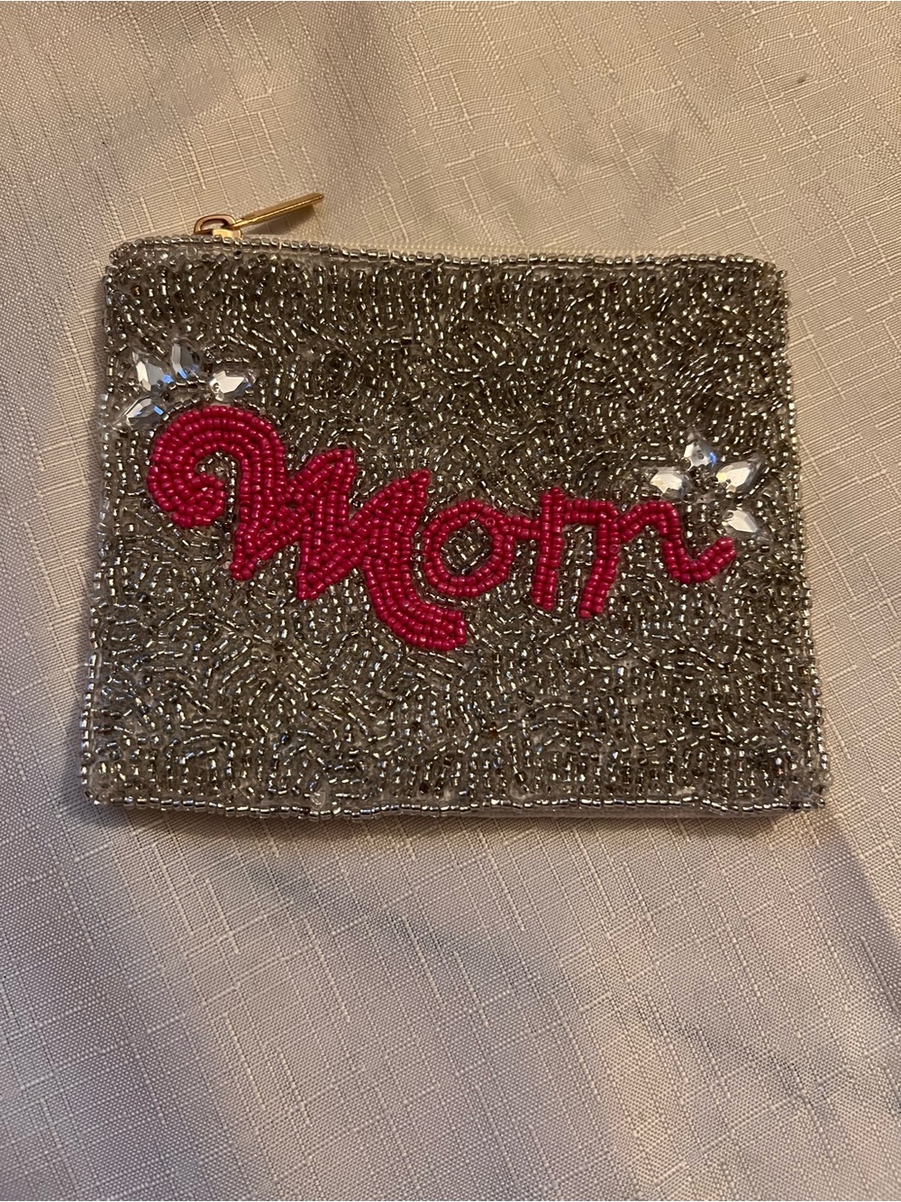 Embellished 'Mom' Beaded Coin Pouch - Silver with Pink Accent
